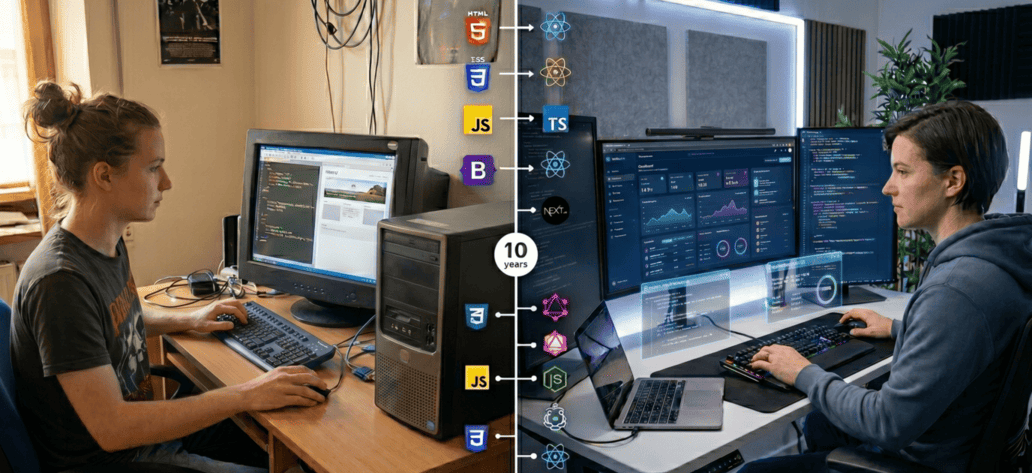 Imagem dividida em duas partes. Na esquerda uma mulher programando em 2015. Na direita a mesma mulher mais velha programando em 2025